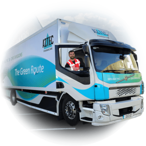 closeup of the greenroute pharmacare truck with smiling driver